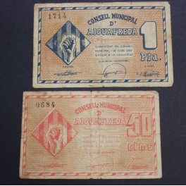 1937- AIGUAFREDA-1 PESETA -50 CENTIMOS- BARCELONA - 2 BILLETES