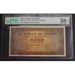 1938- BURGOS -SERIE A -100 PESETAS - PMG 58 - EPQ