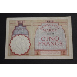 1941- MARRUECOS - 5 FRANCS - MAROC - BILLETE