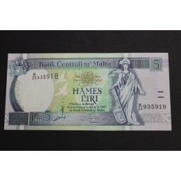1967- MALTA - 5 LIRI -EMANUEL ELLUL - BILLETE 