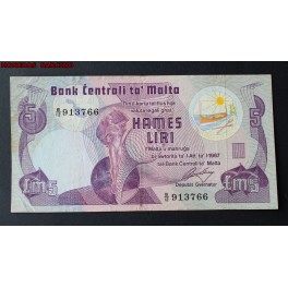 1967- MALTA - 5 LIRI POUNDS- STATUE CULTURE - BILLETE 