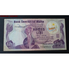 1967- MALTA - 5 LIRI POUNDS- STATUE CULTURE - BILLETE 