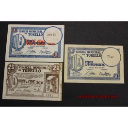 1937- TORELLO-BARCELONA - 3 BILLETES - PESETA - CENTIMS