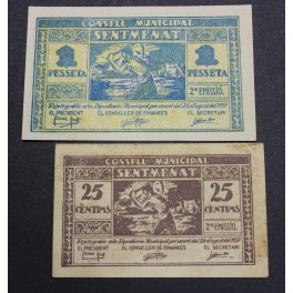 1937- SENTMANAT - BARCELONA - 2 BILLETES - 25 cts- 1 Pts