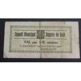 1937- SEGARRA DE GAIA- LLEIDA - 50 CENTIMS - BILLETE