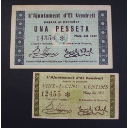 1937- EL VENDRELL -2 BILLETES - TARRAGONA -1 PESETA -25 CENTIMS