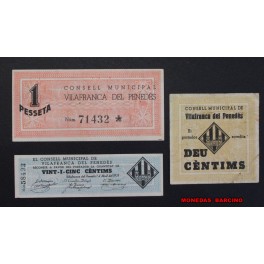 1937- VILAFRANCA PENEDES -BARCELONA - 3 BILLETES-CENTIMS-PESETA