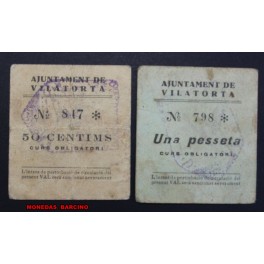 1937- VILATORTA -2 BILLETES - BARCELONA - 50 CENTIMS - 1 PESETA