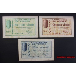1937- VERGES -GIRONA - 3 BILLETES - CENTIMOS - PESETA