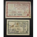 1937- VILANOVA LA GELTRU - 2 BILLETES - BARCELONA - 25 CENTIMOS - 1 PESETA 