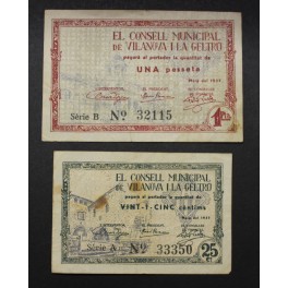 1937- VILANOVA LA GELTRU - 2 BILLETES - BARCELONA - 25 CENTIMOS - 1 PESETA 