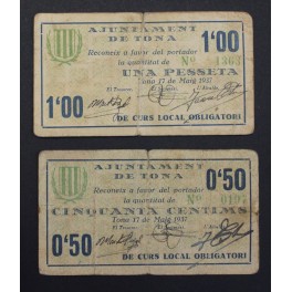 1937- TONA - 2 BILLETES - BARCELONA -  50 CENTIMOS - 1 PESETA 