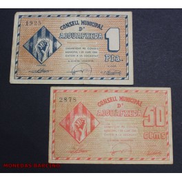 1937- AIGUAFREDA -2 BILLETES - BARCELONA - 50 CENTIMOS - 1 PESETA