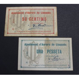 1937- AURORA LLU&Ccedil;ANES -2 BILLETES- BARCELONA - 50 CENTIMOS - 1 PESETA