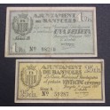 1937- BANYOLES - 2 BILLETES - GIRONA - 25 CENTIMS -1 PESETA