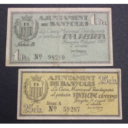 1937- BANYOLES - 2 BILLETES - GIRONA - 25 CENTIMS -1 PESETA