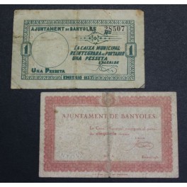 1937- BANYOLES - 2 BILLETES - GIRONA - 50 CENTIMS -1 PESETA