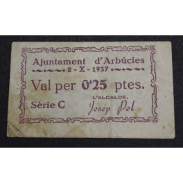 1937- ARBUCIES -25 CENTIMOS - GIRONA - BILLETE