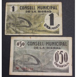 1937- LA BISBAL - 2 BILLETES - GIRONA - 50 CENTIMOS - 1 PESETA