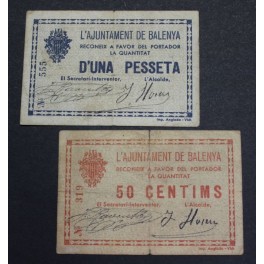 1937- BALENYA - 2 BILLETES - BARCELONA - 50 CENTIMOS - 1 PESETA