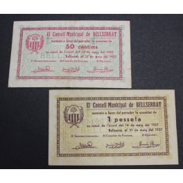 1937- BELLSERRAT- 2 BILLETES - BARCELONA - 50 CENTIMOS - 1 PESETA