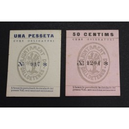 1937- CALLDETENES - 2 BILLETES - BARCELONA - 50 CENTIMOS - 1 PESETA