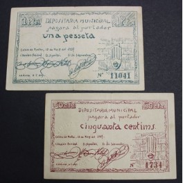 1937- CALDES MONTBUI- 2 BILLETES- BARCELONA - 50 CENTIMOS - 1 PESETA