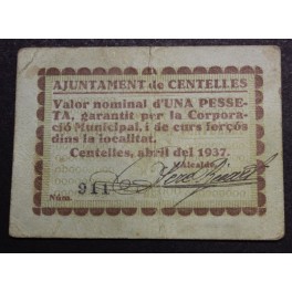 1937- CENTELLES - 1 PESETAS- BARCELONA - BILLETE 