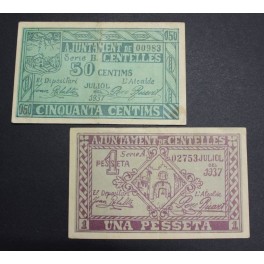 1937- CENTELLES -2 BILLETES - BARCELONA - 50 CENTIMOS - 1 PESETA