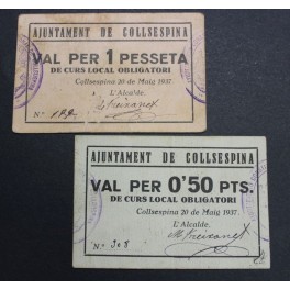 1937- COLLSESPINA - 2 BILLETES - BARCELONA - 50 CENTIMOS - 1 PESETA