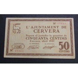 1937- CERVERA - 50 CENTIMOS - LLEIDA - BILLETE