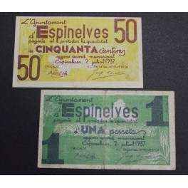 1937- ESPINELVES - 2 BILLETES - GIRONA - 50 CENTIMOS - 1 PESETA