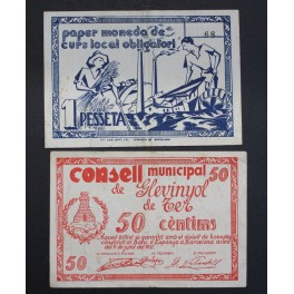 1937- GLEVINYOL  DE TER - 2 BILLETES - BARCELONA - 50 CENTIMOS - 1 PESETA