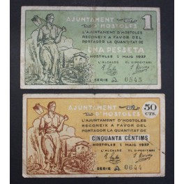1937- HOSTOLES- 2 BILLETES - GIRONA - 50 CENTIMOS - 1 PESETA