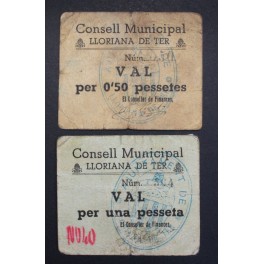 1937- LLORIANA  DE TER - 2 BILLETES - BARCELONA - 50 CENTIMOS - 1 PESETA