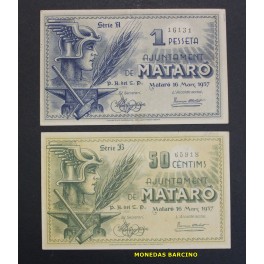 1937- MATARO - 2 BILLETES - BARCELONA - 50 CENTIMOS - 1 PESETA