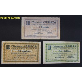 1937- ORISTA- 3 BILLETES - BARCELONA- 25-50 CENTIMOS - 1 PESETA