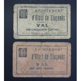 1937- OLOST DE LLU&Ccedil;ANES- 2 BILLETES - BARCELONA-  50 CENTIMOS - 1 PESETA