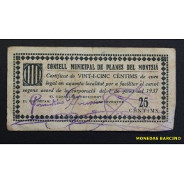 1937- PLANES DEL MONTSIA - 25 CENTIMS - TARRAGONA 