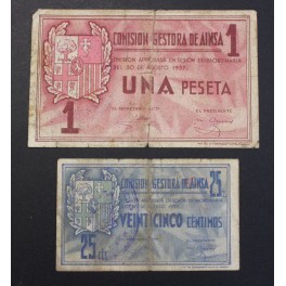 1937- AINSA - HUESCA -2 BILLETES - 25 CENTIMOS - 1 PESETA