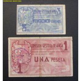 1937- AINSA - 2 BILLETES - HUESCA - 25 CENTIMOS - 1 PESETA