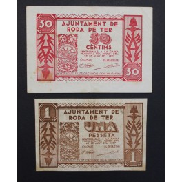 1937- RODA DE TER - 2 BILLETES - BARCELONA - 50 CENTIMOS - 1 PESETA