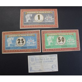 1937- PREMIA DE MAR- 4 BILLETES - BARCELONA - 5-25-50 CENTIMOS - 1 PESETA