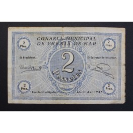 1937- PREMIA DE MAR - 2 PESETAS - BARCELONA - BILLETE