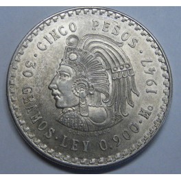 1947- CUAUHTEMOC - 5 PESOS - MEXICO- PLATA