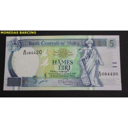 1994- MALTA - 5 LIRE -FRANCIS VASALLO - BILLETE 