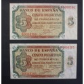 1938- BURGOS - SERIE B -5 PESETAS - 2 BILLETES 