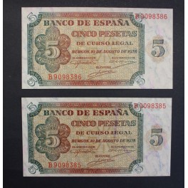 1938- BURGOS - SERIE B -5 PESETAS - 2 BILLETES 