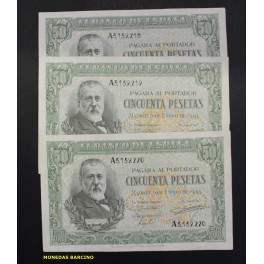 1940- PELAYO - SERIE A - 50 PESETAS - 3 BILLETES